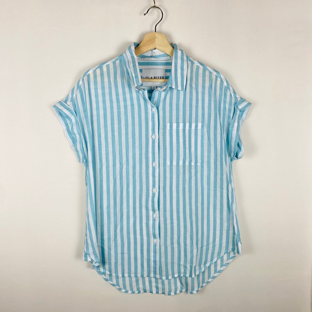 Lola River Blue White‎ Striped Linen Blend Button Down Short Sleeve Shirt Small